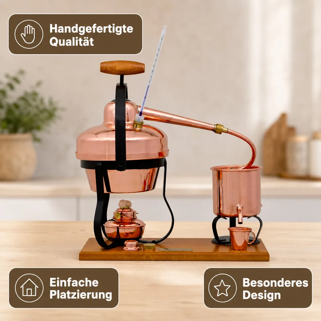 Destille, Destilliergerät, Destillationsapparatur - mit Spiritusbrenner und Thermometer, 1,25L
