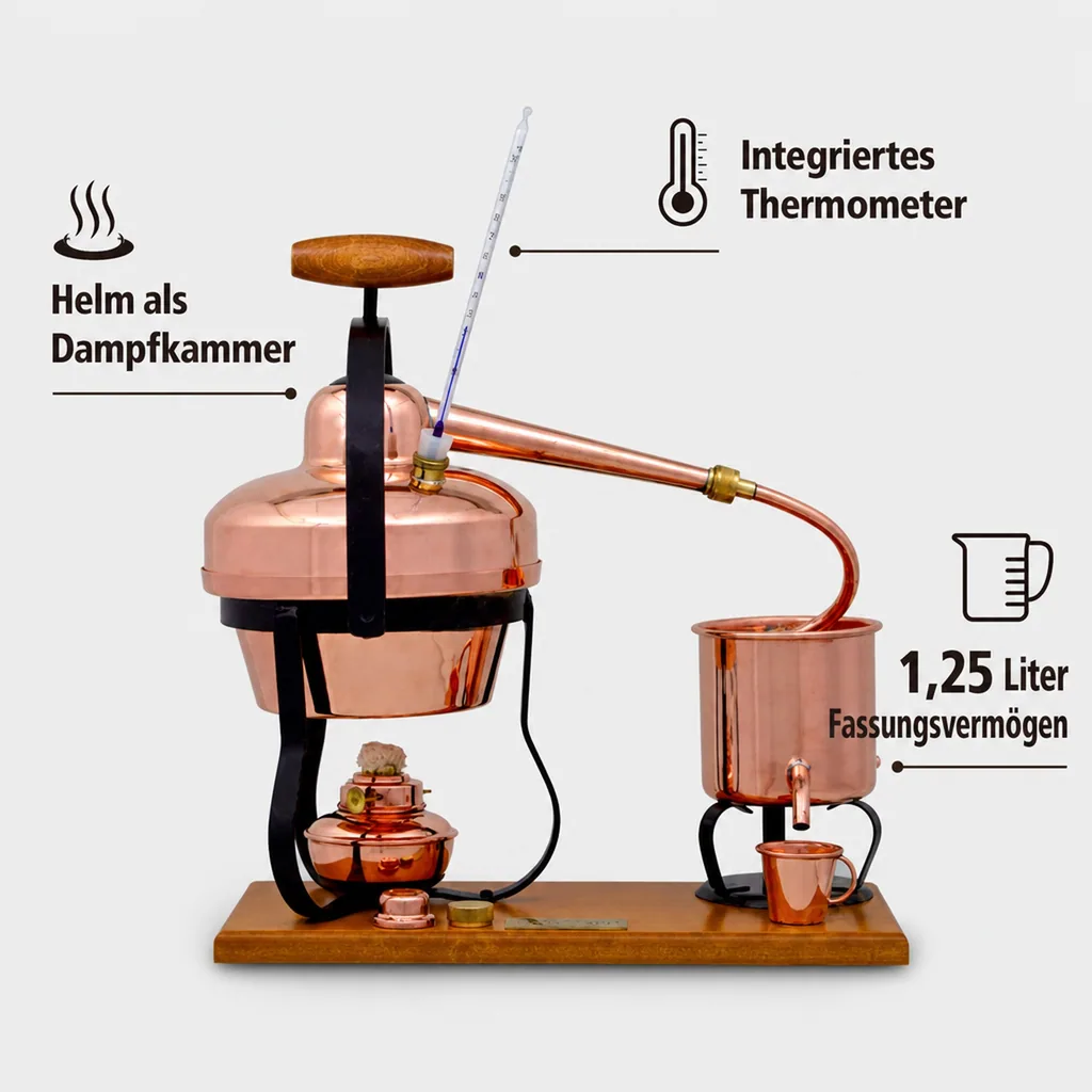 Destille, Destilliergerät, Destillationsapparatur - mit Spiritusbrenner und Thermometer, 1,25L