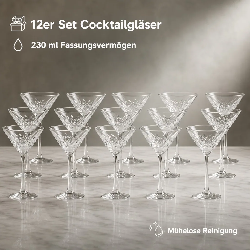 Cocktailgläser, Trinkgläser - 12er-Set, Timeless, 230 ml - Robust & Elegant | Ideal für Partys & Events