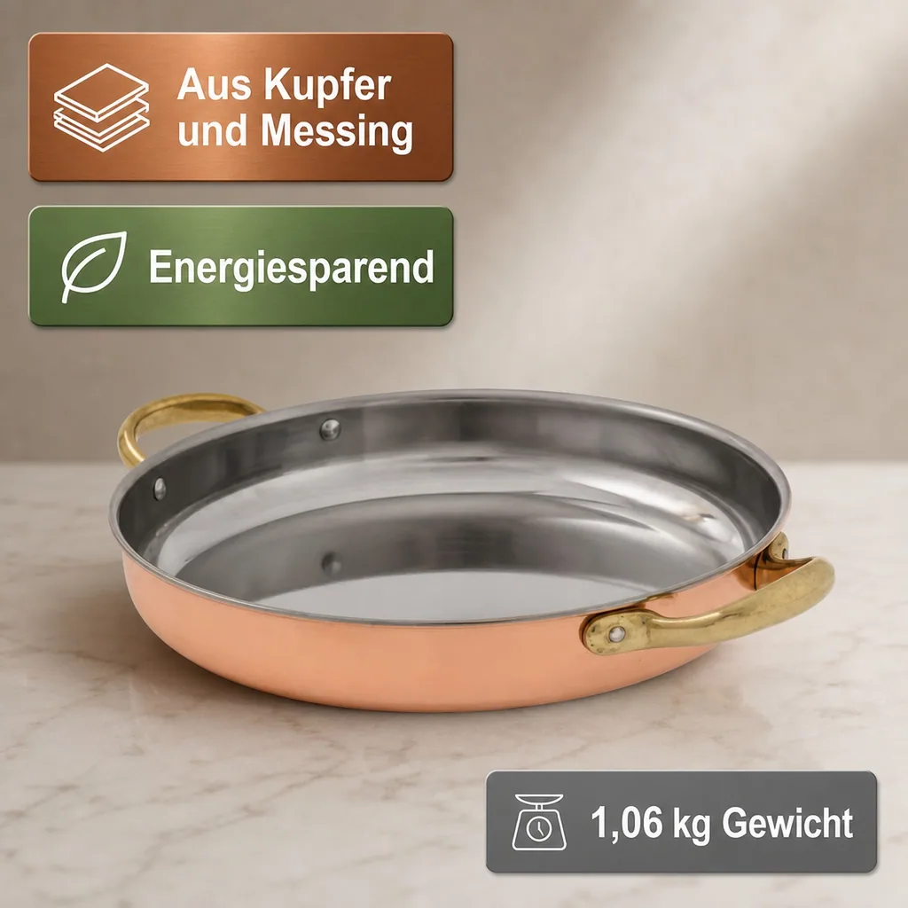 Bratpfanne, Kupferpfanne mit Griffen - aus Kupfer und Messing, 26cm