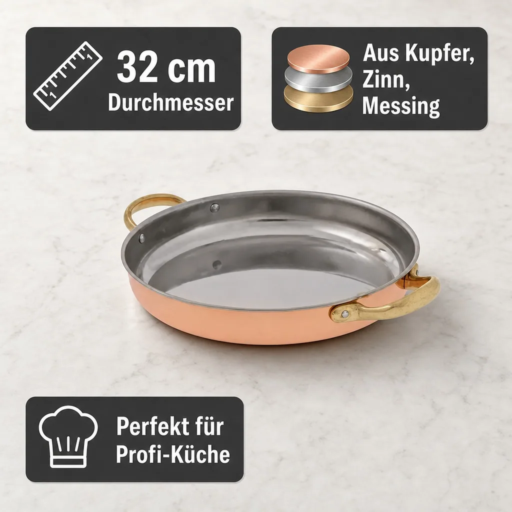 Bratpfanne, Kupferpfanne mit Griffen - aus Kupfer und Messing, 32cm