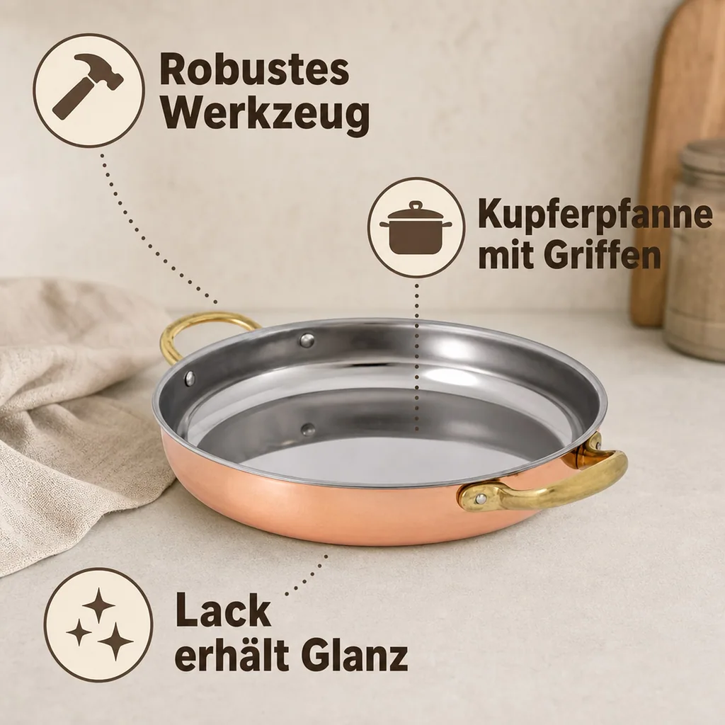 Bratpfanne, Kupferpfanne mit Griffen - aus Kupfer und Messing, 32cm