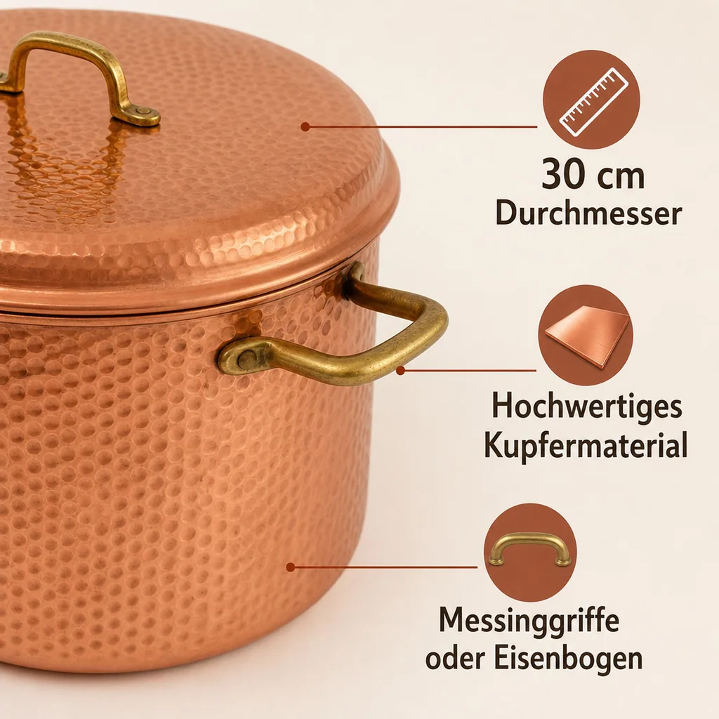 Kupfertöpfe, gehämmert, mit Deckel, 30 сm