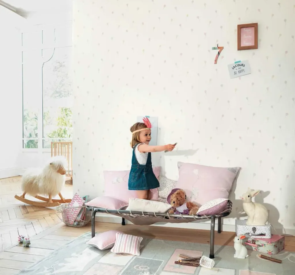 Casadeco My Little World Stoff Streublümchen grau lila lime