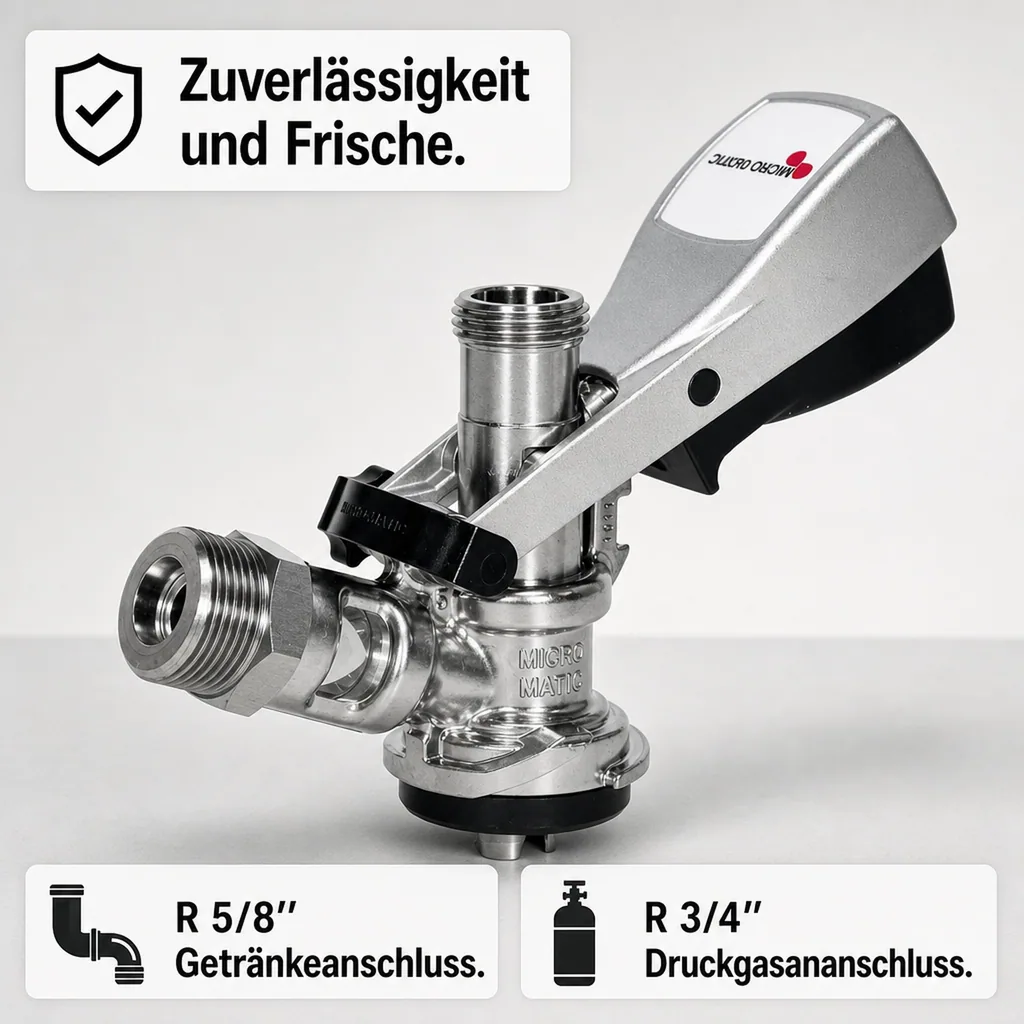 Zapfkopf, Keg Anschluss - Micro Matic Typ Korb | Kelleranstich mit Edelstahl-Stößel & Rücklaufsicherung