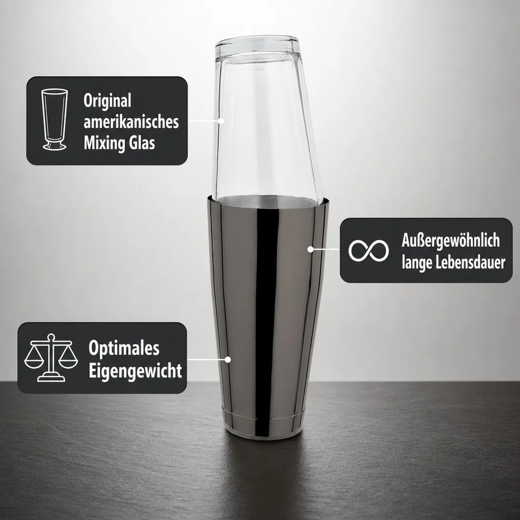 Boston Shaker, Edelstahl, GMB, Gunmetal black mit original amerikanischen Mixing Glas, 28oz