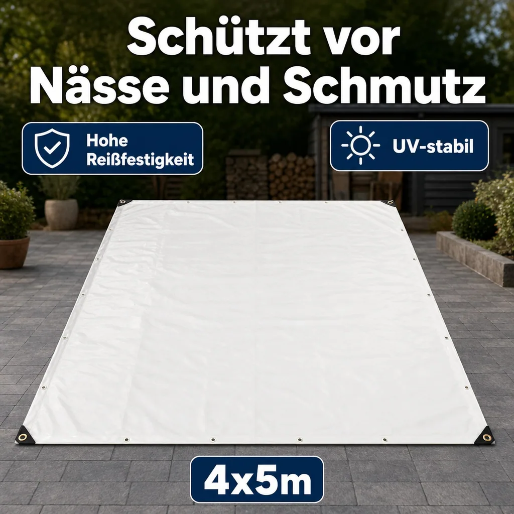 Abdeckplane, Gewebeplane 4x5m, PVC Plane, weiß, 650g/m², wasserdicht, reißfest