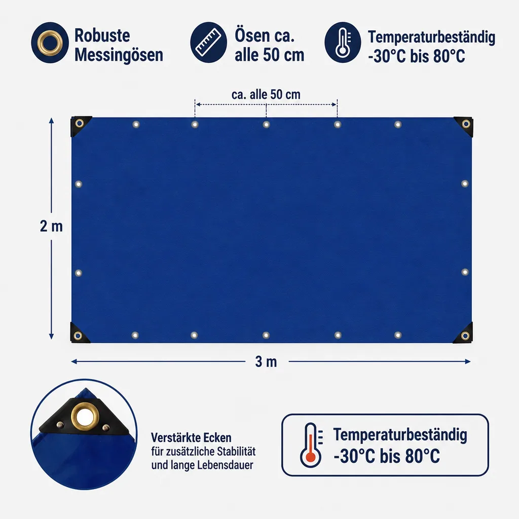 PVC Abdeckplane 2x3m blau, 650g/m², wasserdicht und reißfest
