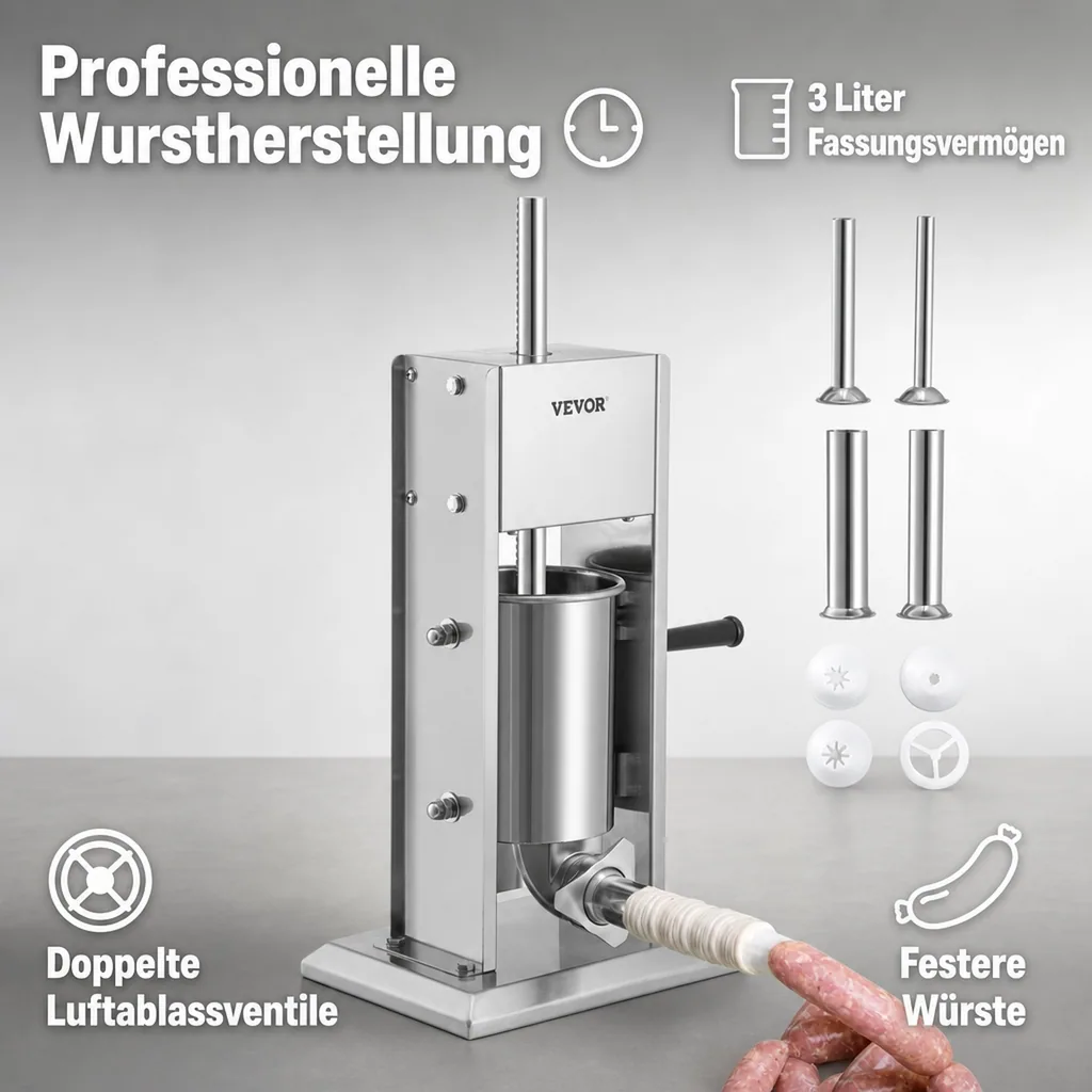 Wurstfüller, Wurstfüllmaschine, Wurstpresse - 3 L, Edelstahl + Aluminium, Manueller