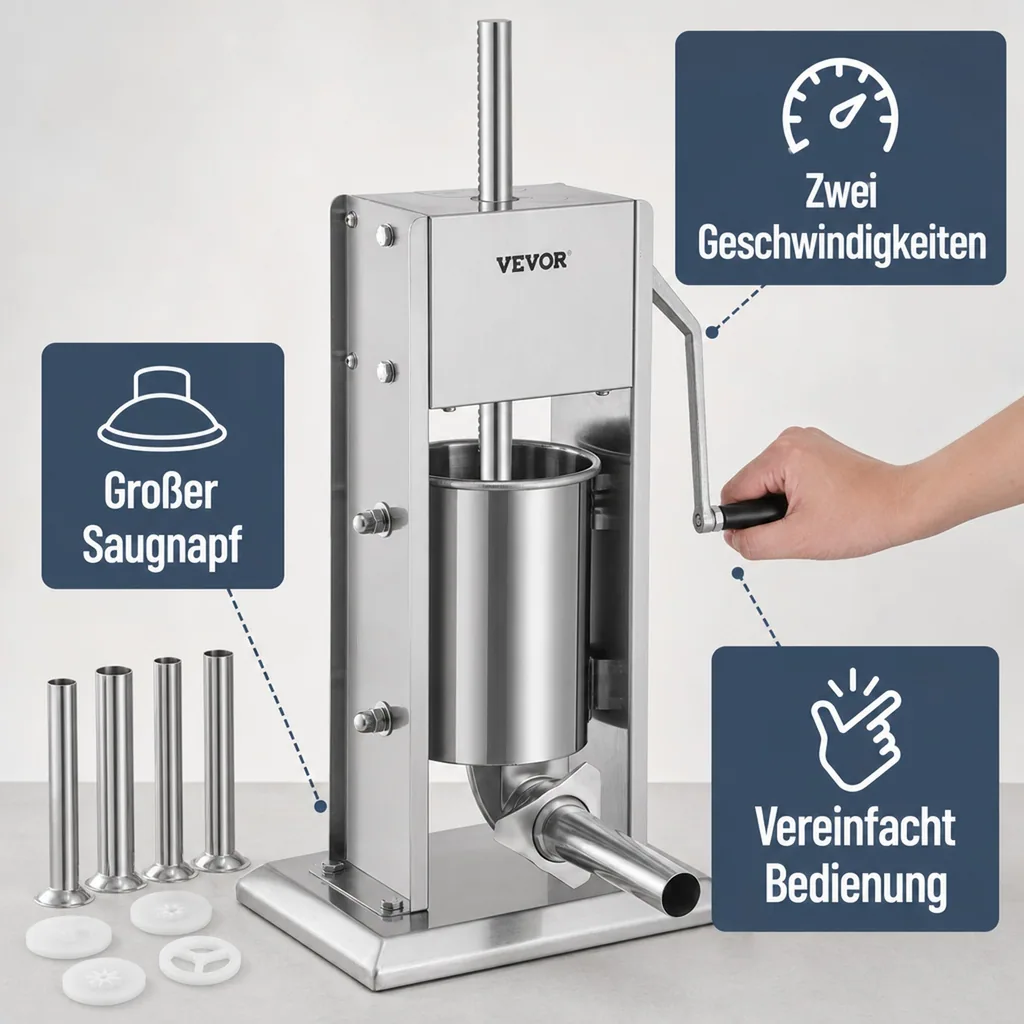 Wurstfüller, Wurstfüllmaschine, Wurstpresse - 3 L, Edelstahl + Aluminium, Manueller