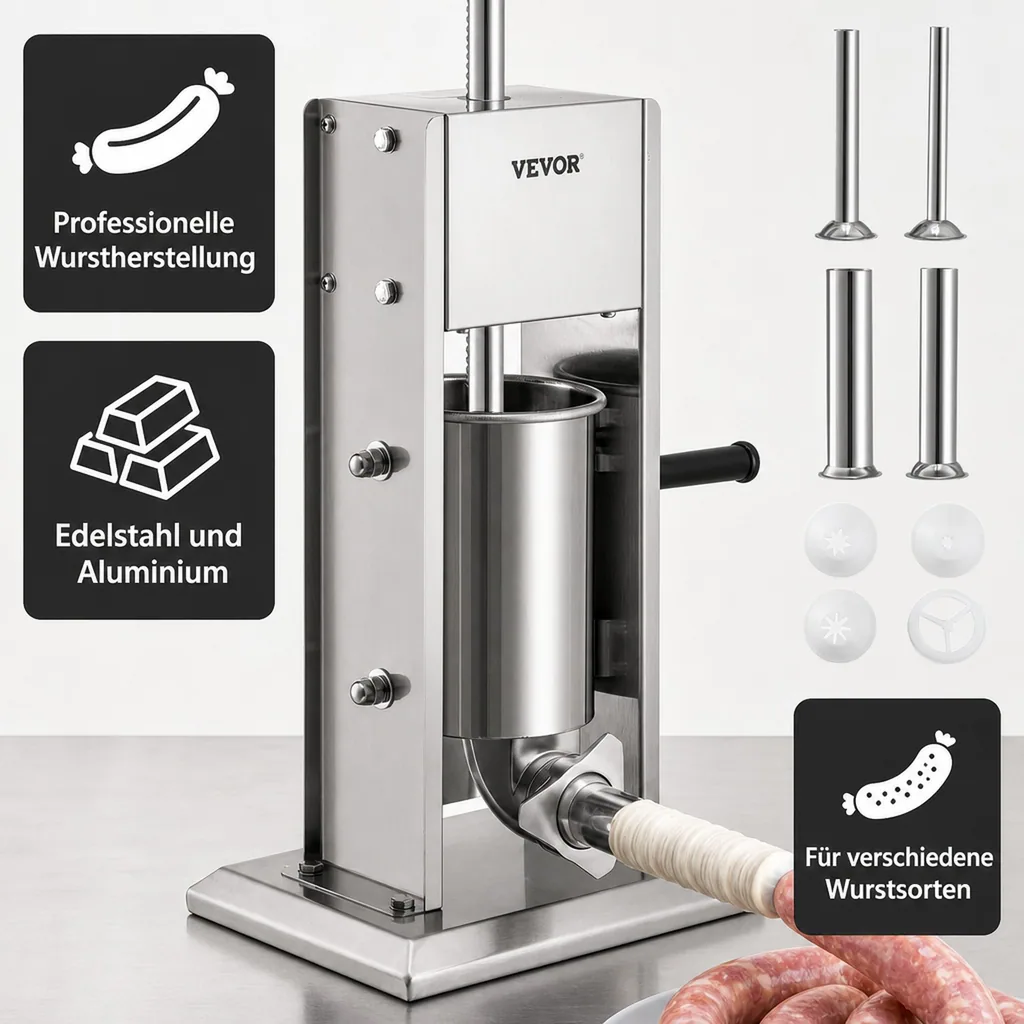Wurstfüller, Wurstfüllmaschine, Wurstpresse - 3 L, Edelstahl + Aluminium, Manueller