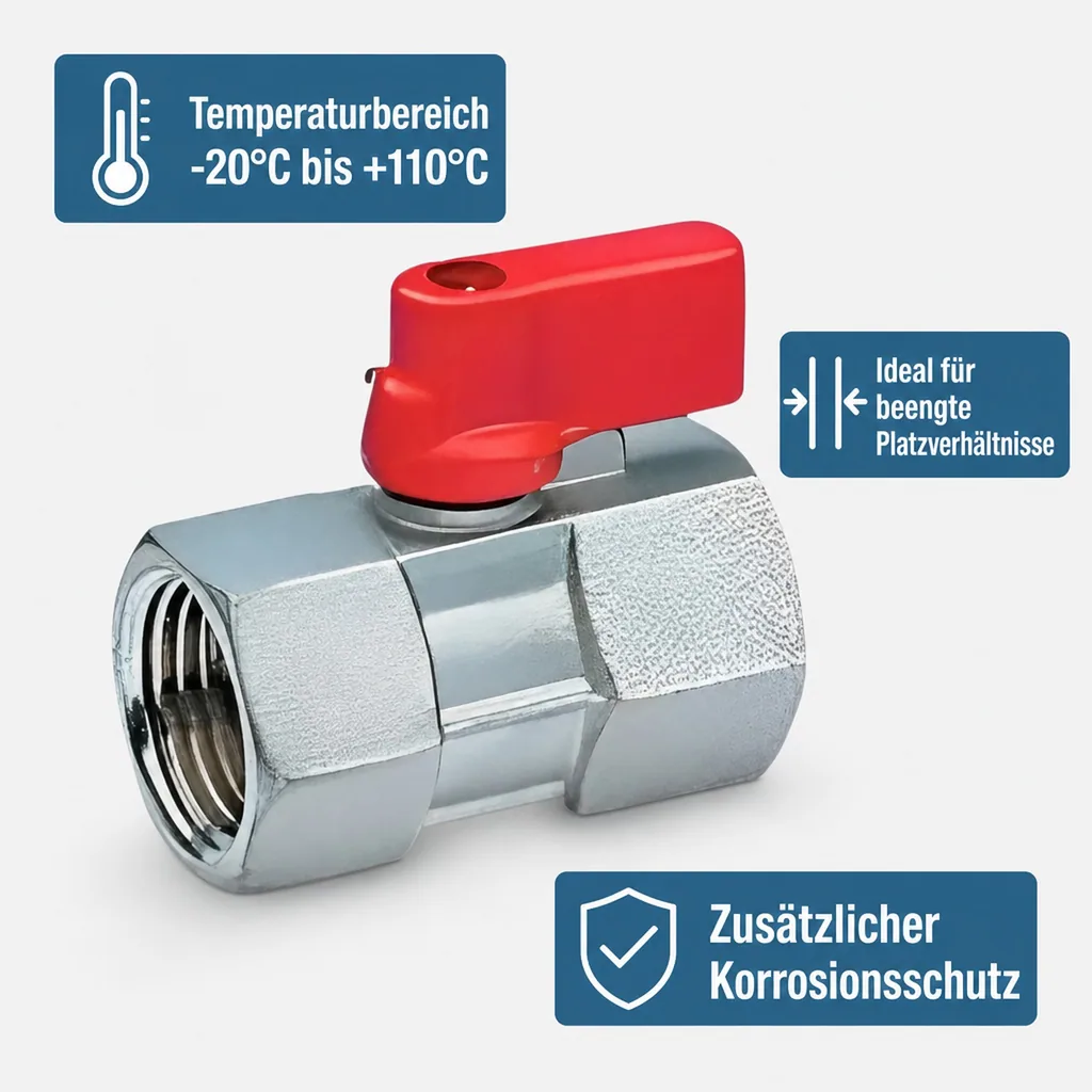 Kugelhahn Mini, Messing 1/4 Zoll IG, roter Griff