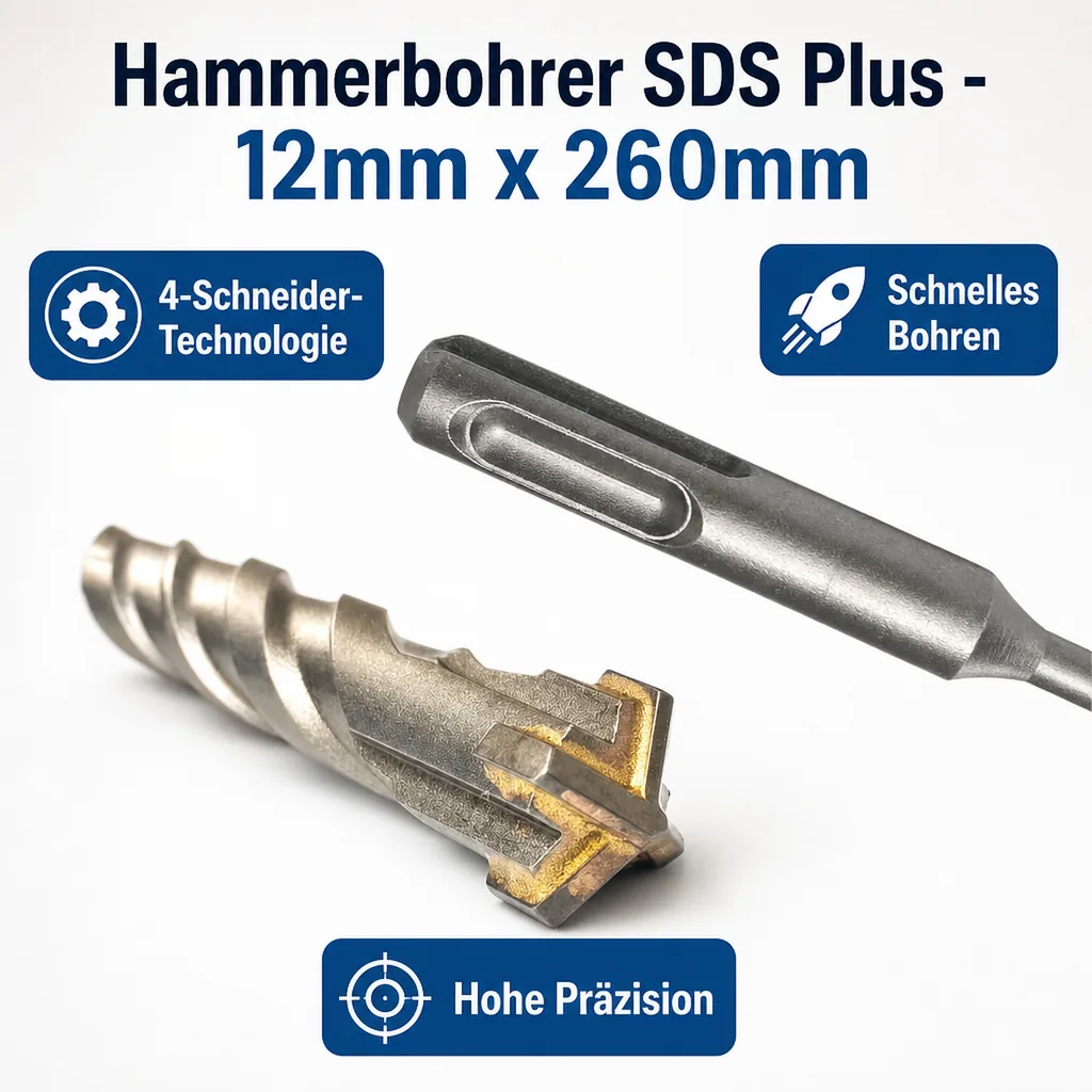 Hammerbohrer SDS Plus, 12mm x 260mm, 4-Schneider, Betonbohrer SDS Plus
