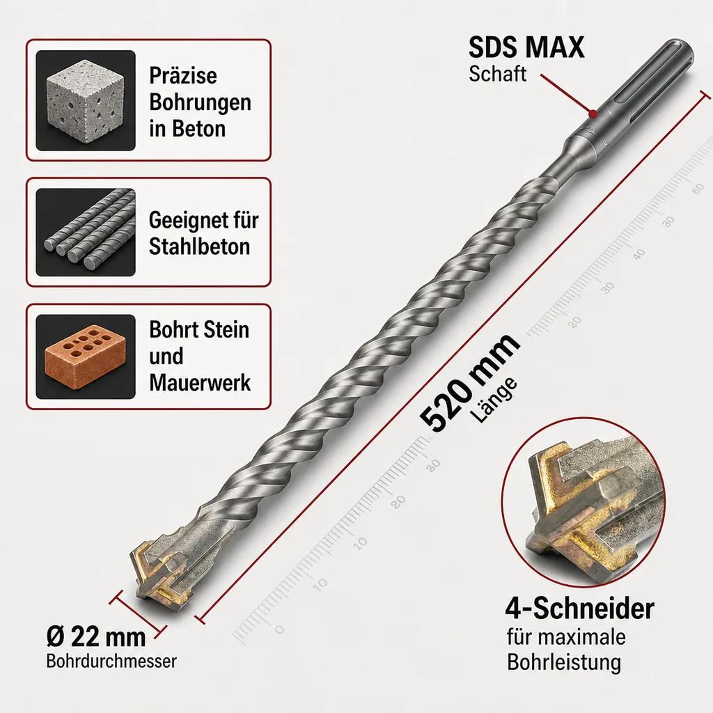SDS Max Hammerbohrer, 22mm, 520mm, 4-Schneider, Betonbohrer