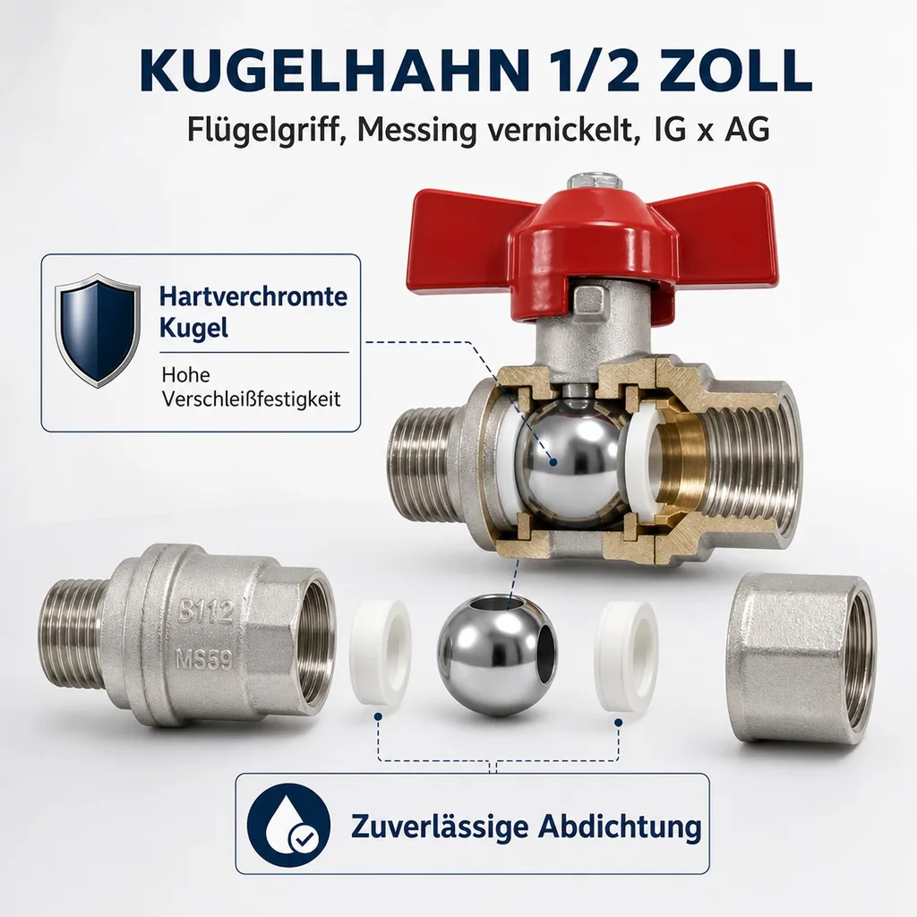 Kugelhahn 1/2 Zoll, Flügelgriff, Messing vernickelt, IG x AG