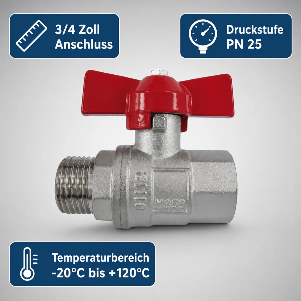 Kugelhahn 3 4 Zoll, Flügelgriff, Messing, IG AG, PN25