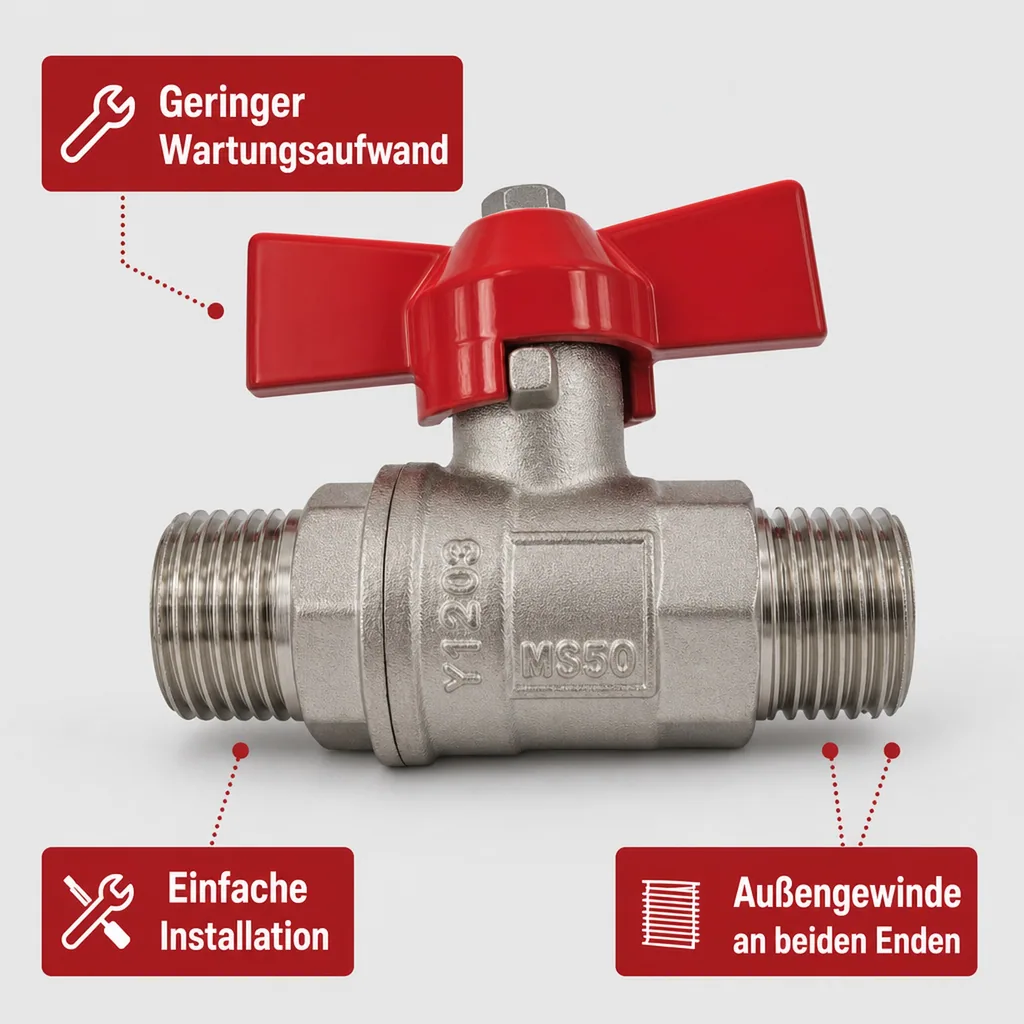 Kugelhahn 1/2 Zoll, Flügelgriff, Messing, Aussengewinde