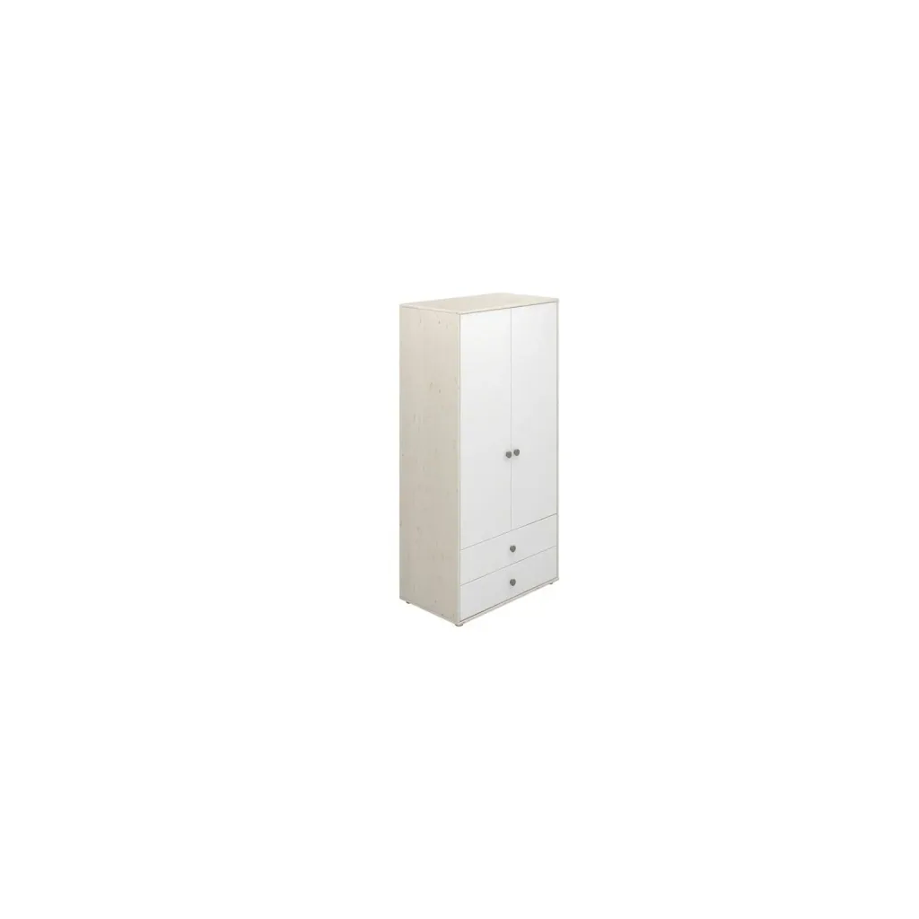 Flexa Kleiderschrank - Classic, mit 2 Türen und 2 Schubladen, 101,3x202,5 cm, Farbe: Weiß gekalkt / Weiß / Naturgrün