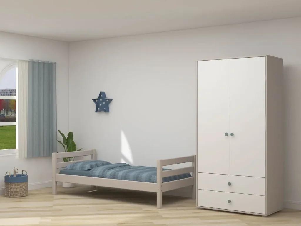 Flexa Kleiderschrank - Classic, mit 2 Türen und 2 Schubladen, 101,3x202,5 cm, Farbe: Grau gekalkt / Weiß / Türkis