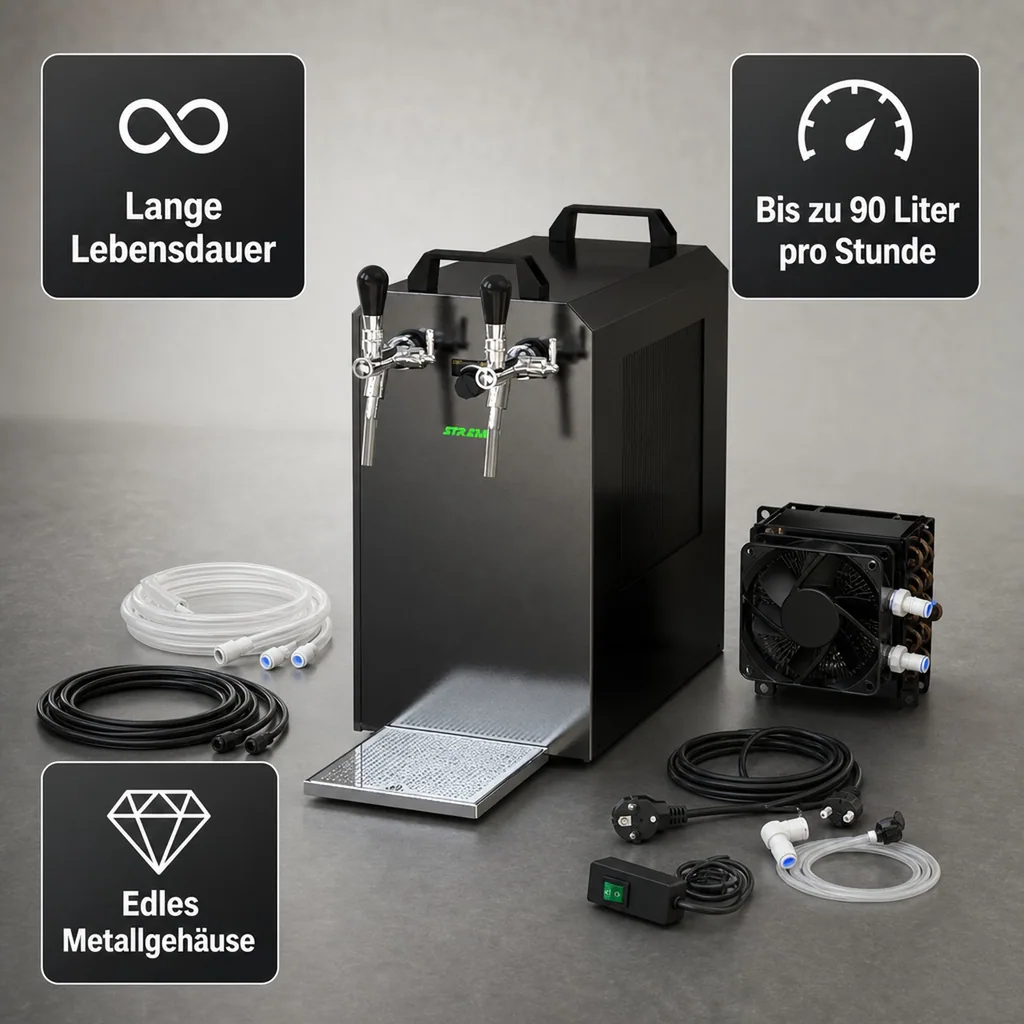 Zapfanlage, Bierzapfanlage STREAM 80K mit Luftpumpe Bierkoffer, Durchlaufkühler 2-leitig Trockenkühler