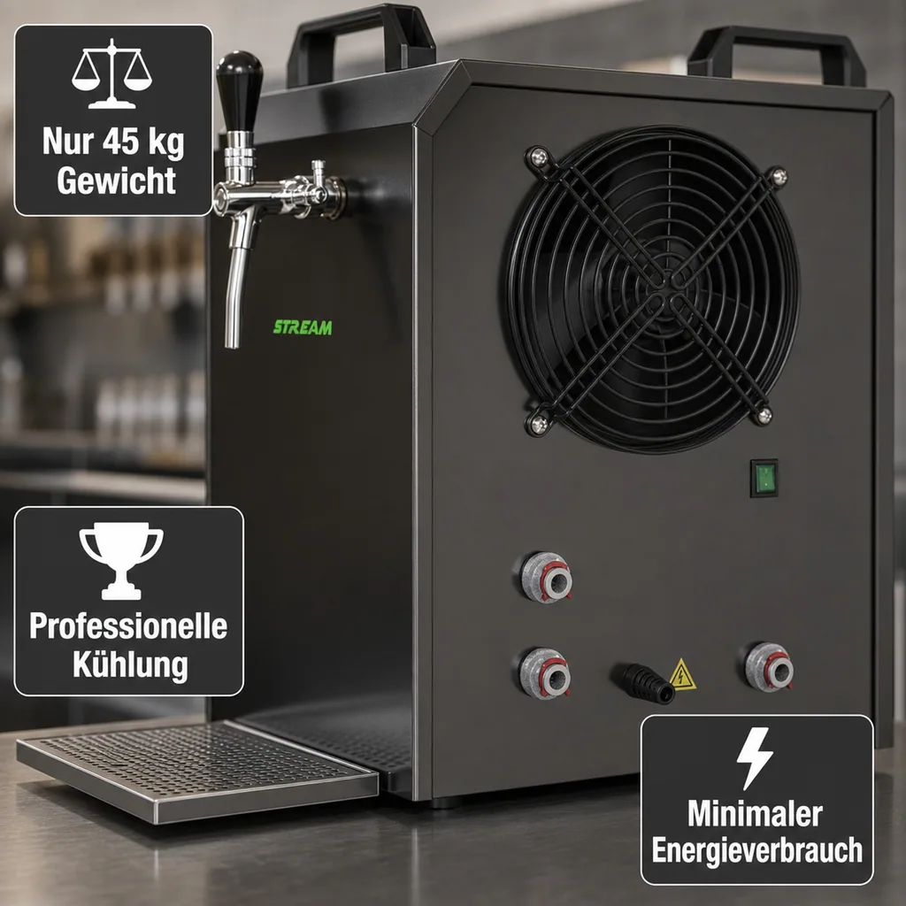 Zapfanlage, Bierzapfanlage STREAM 80K mit Luftpumpe Bierkoffer, Durchlaufkühler 2-leitig Trockenkühler