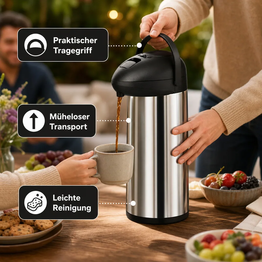 Thermoskanne, Pumpkanne – 5L | Edelstahl | Hält Getränke 12 Stunden warm
