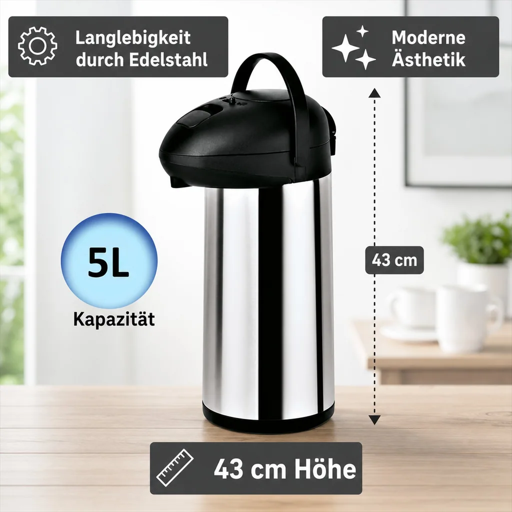 Thermoskanne, Pumpkanne – 5L | Edelstahl | Hält Getränke 12 Stunden warm