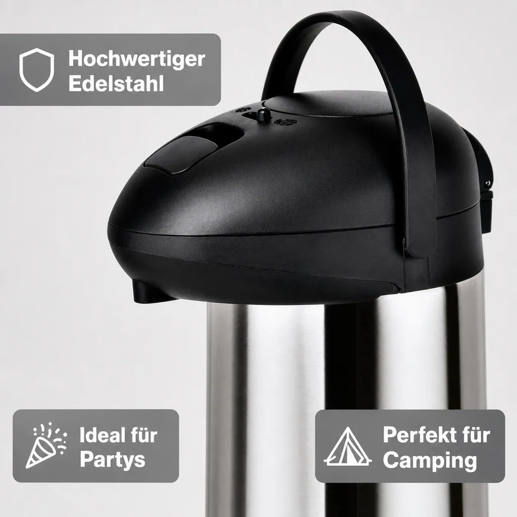 Thermoskanne, Pumpkanne – 5L | Edelstahl | Hält Getränke 12 Stunden warm