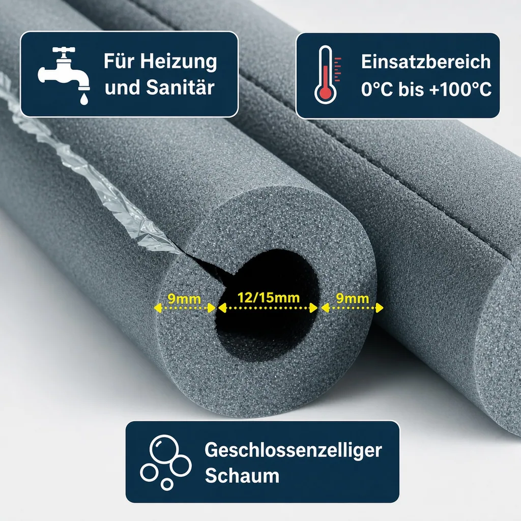 Selbstklebendes Rohr-Isolationsrohr, 1m, Ø 12/15 mm x 9 mm