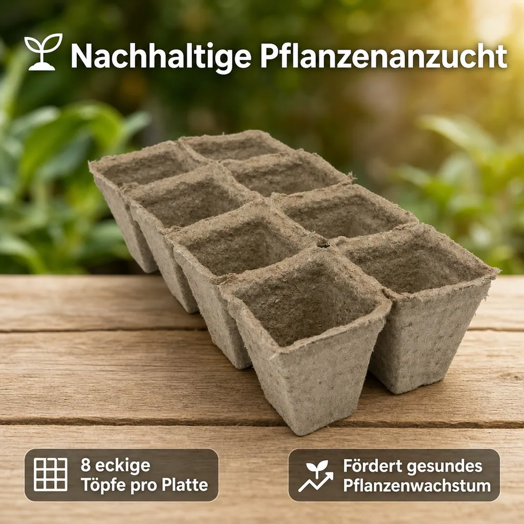 Anzuchtplatten, kompostierbare Anzuchttöpfe, 8 eckige Töpfe