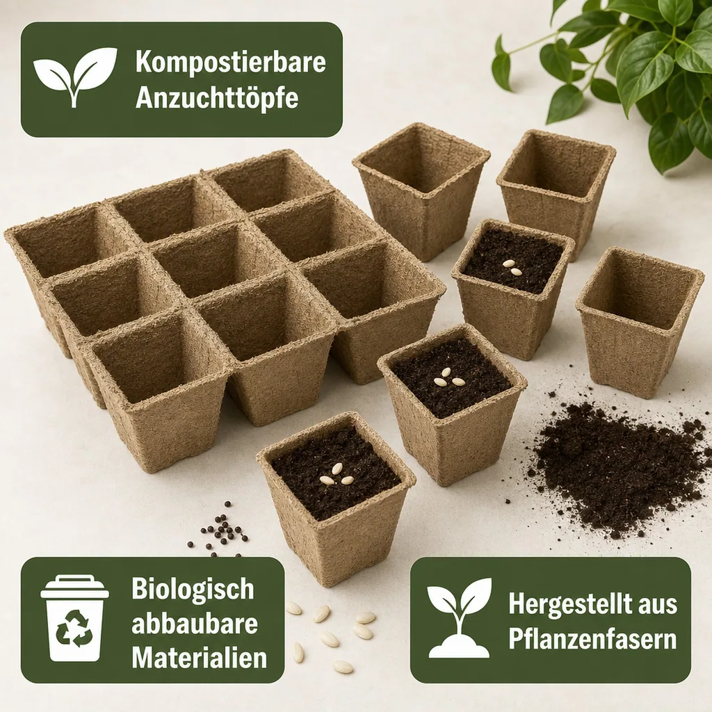 Anzuchtplatten, kompostierbare Anzuchttöpfe, 8 eckige Töpfe