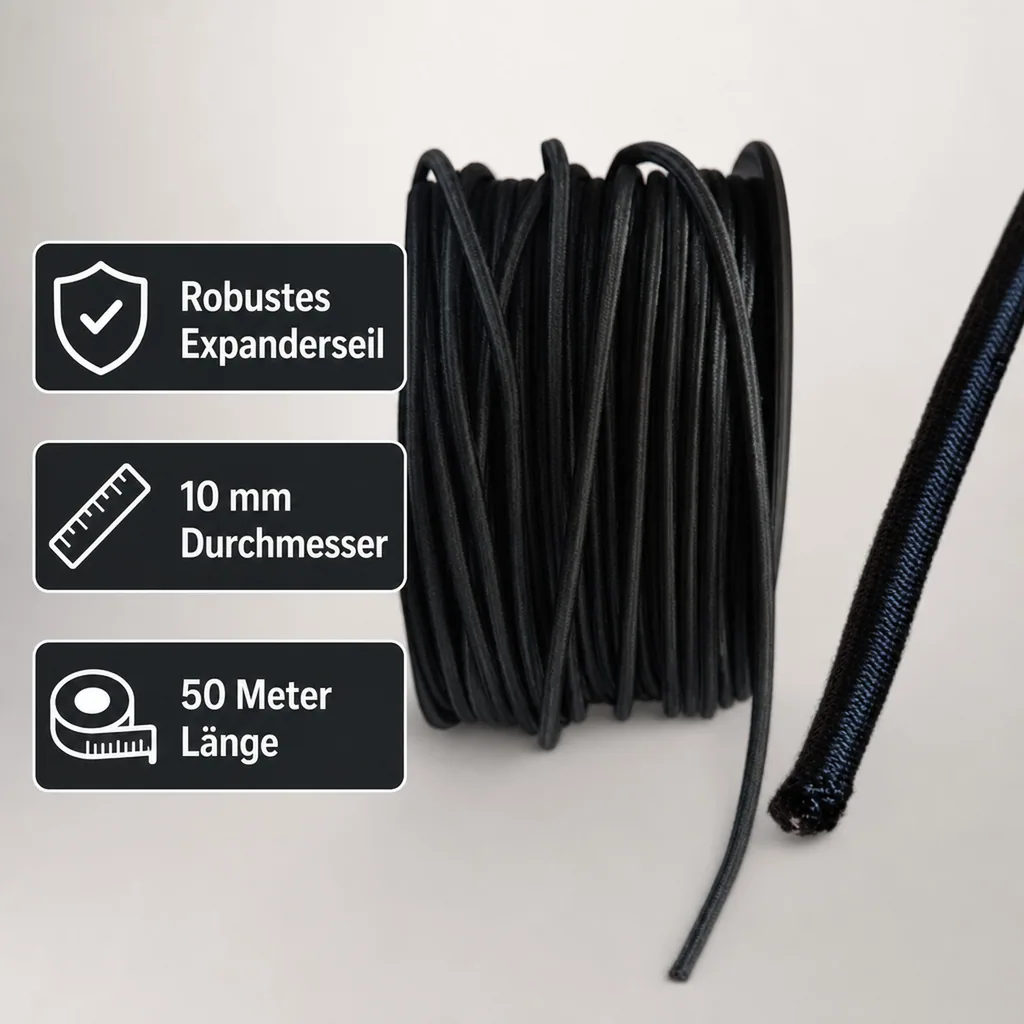 Expanderseil 10 mm, schwarz, 50 Meter, PP, Gummiseil, Planenseil