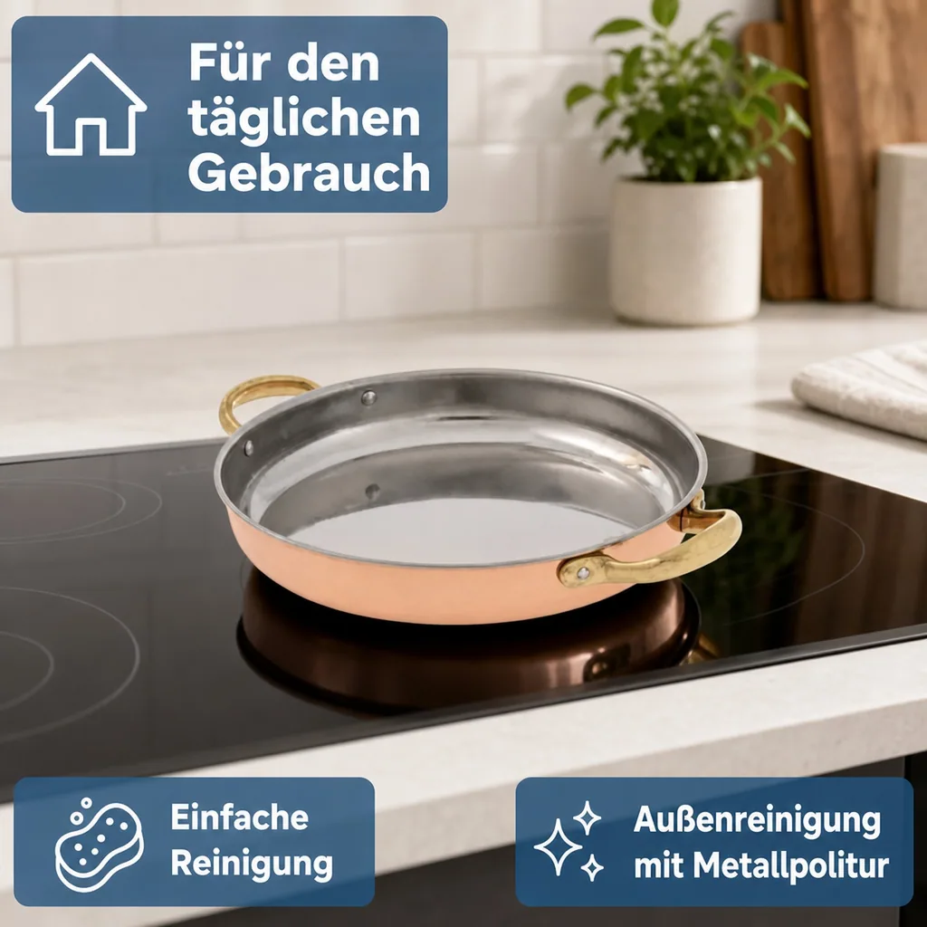 Bratpfanne, Kupferpfanne mit Griffen - aus Kupfer und Messing, 24cm