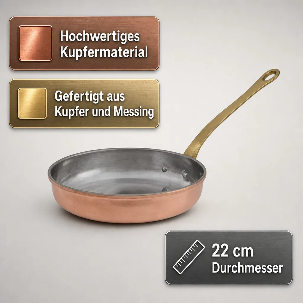 Bratpfanne, Kupferpfanne - aus Kupfer und Messing, 22cm