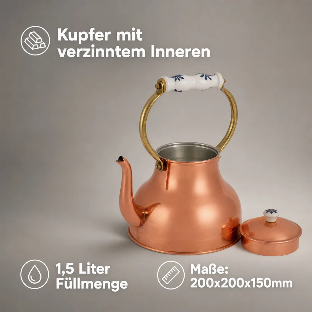Wasserkessel, Teekessel - aus Kupfer, mit Porzellanhenkel, 1,5L
