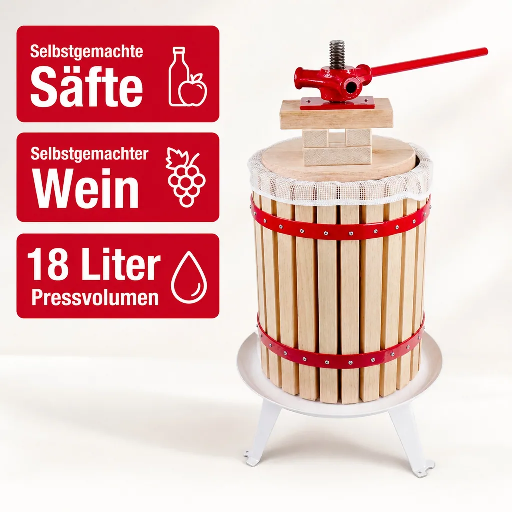 Saftpresse, Obstpresse, Weinpresse, Apfelpresse - Korb aus Holz, 18L