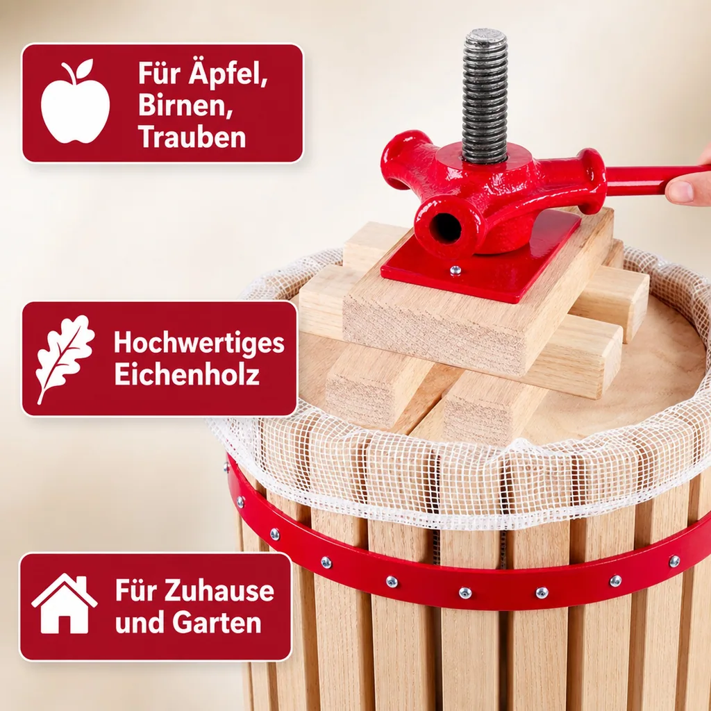 Saftpresse, Obstpresse, Weinpresse, Apfelpresse - Korb aus Holz, 18L