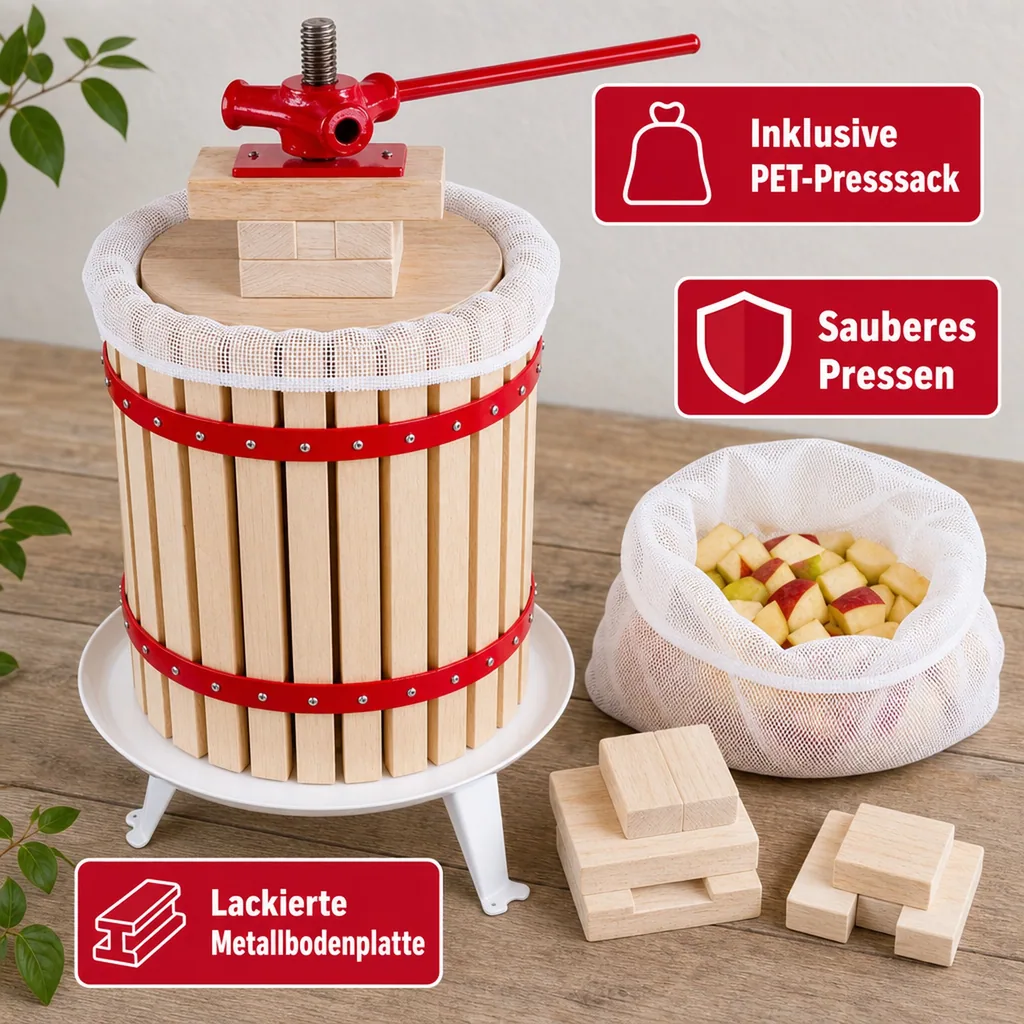Saftpresse, Obstpresse, Weinpresse, Apfelpresse - Korb aus Holz, 18L