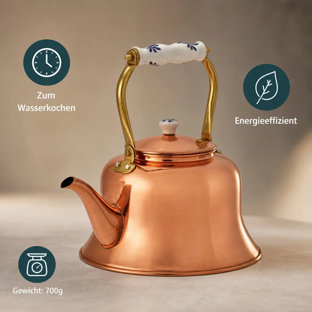 Wasserkessel, Teekessel - aus Kupfer, mit Porzellanhenkel, 1,5L