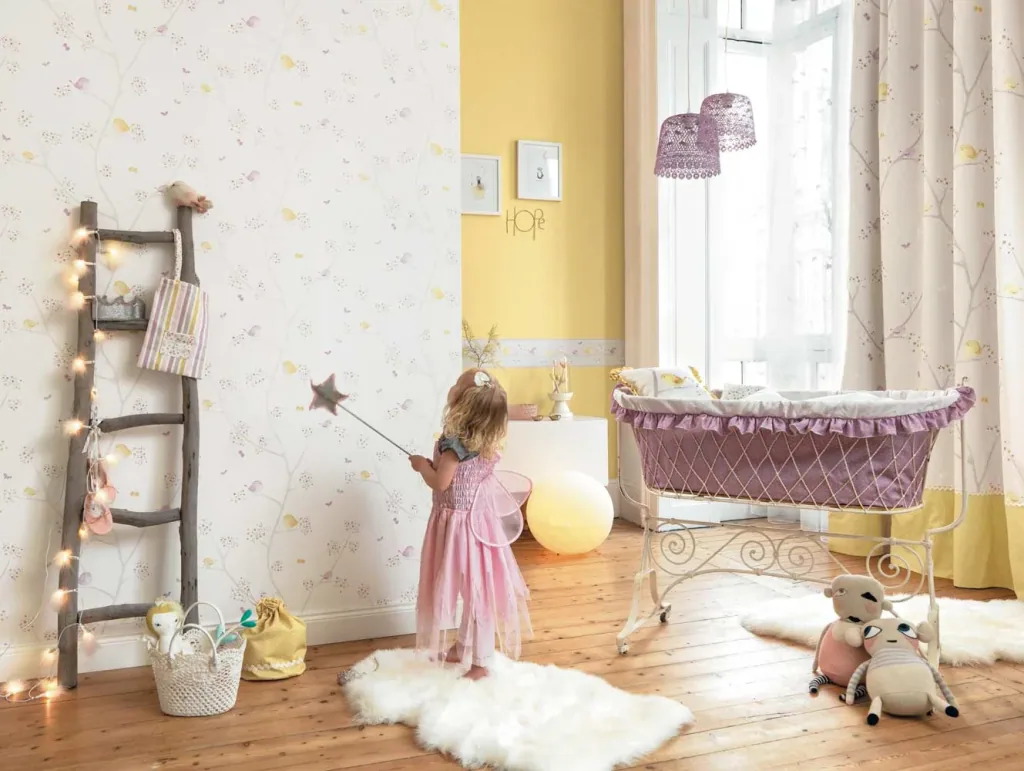 Casadeco My Little World Stoff Vögelchen lila grau lime