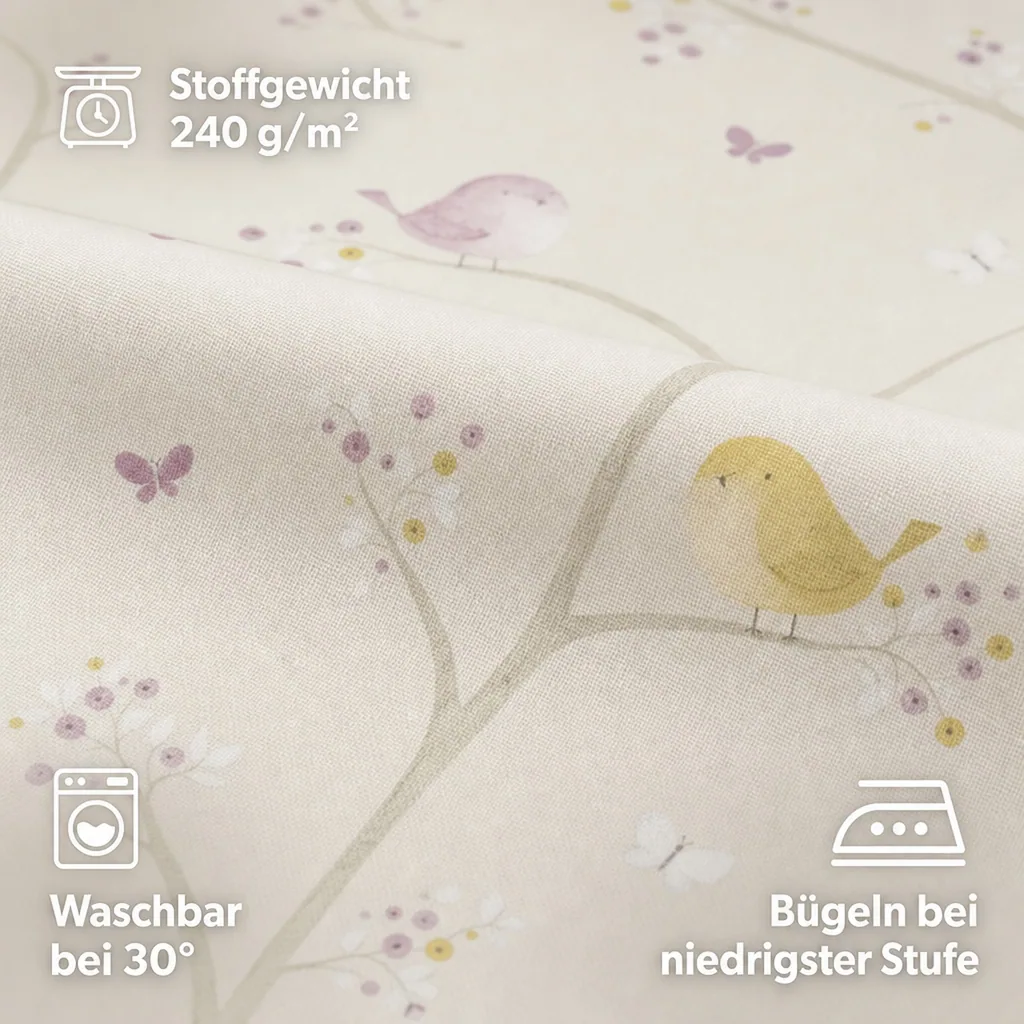 Casadeco My Little World Stoff Vögelchen lila grau lime