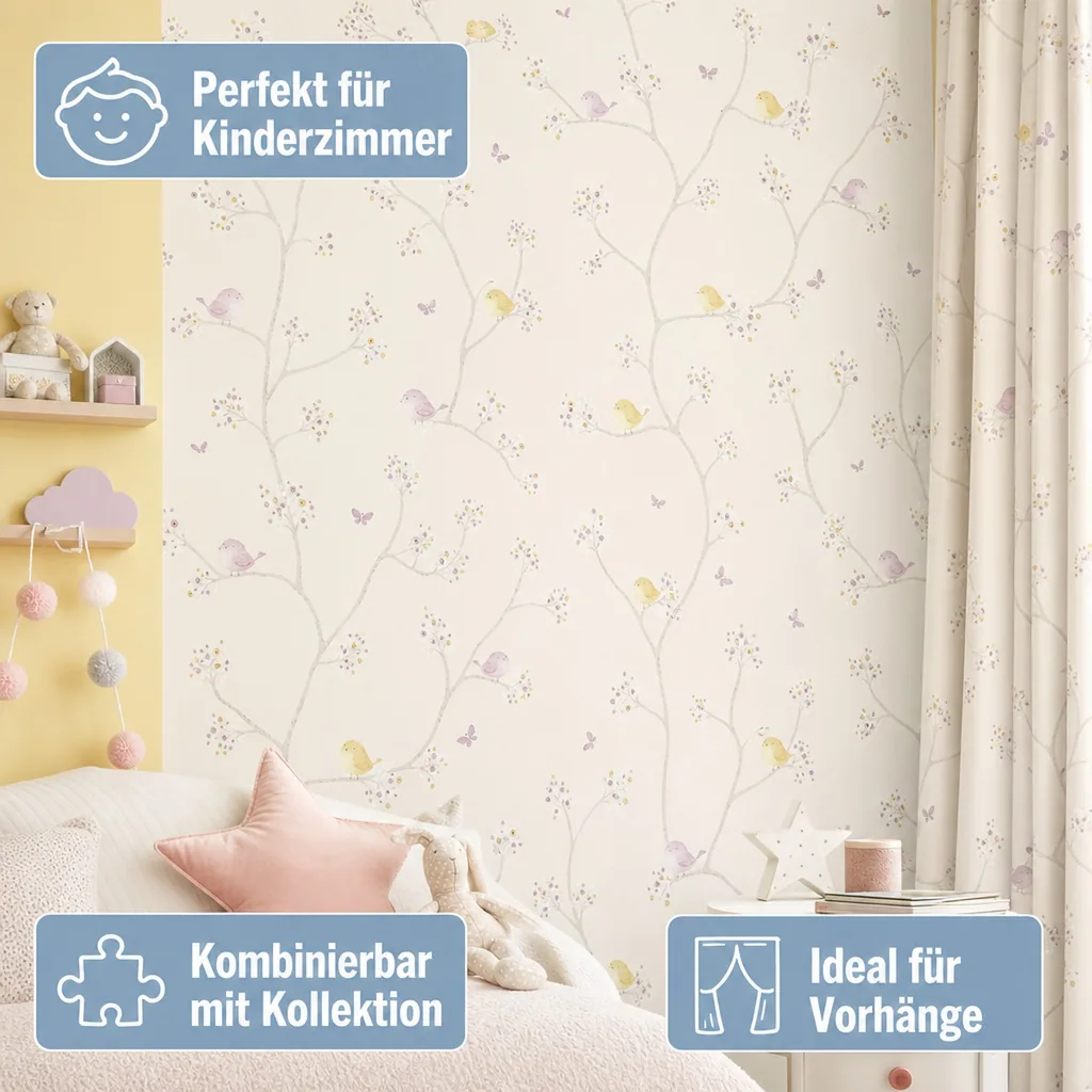 Casadeco My Little World Stoff Vögelchen lila grau lime
