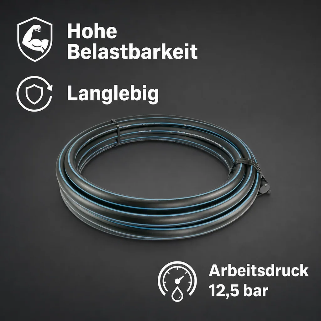 Wasserrohr, Druckrohr PE80 - 25 mm x 2,3 mm, Glatt SDR 11, 12,5bar, Schwarz/Blau 1m, DVGW type D=0,60m