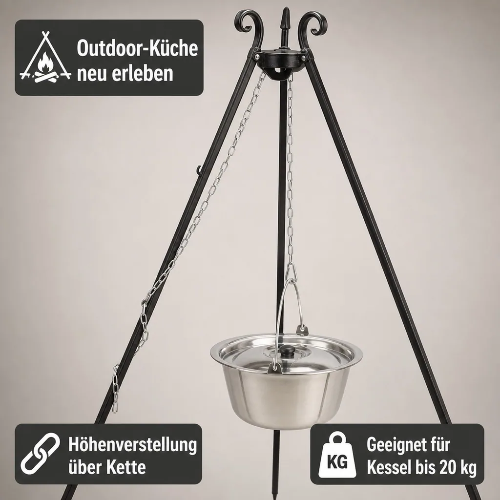 Dreibein Grill mit Edelstahltopf 14l, 180 cm, Outdoor Kochset
