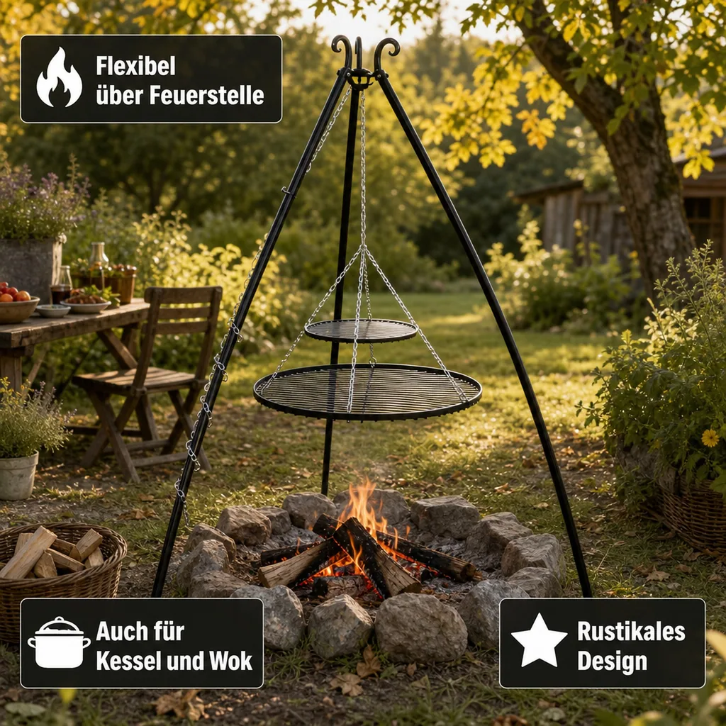 Schwenkgrill, Dreibein Grill, Gartengrill, Doppelrost, 200cm