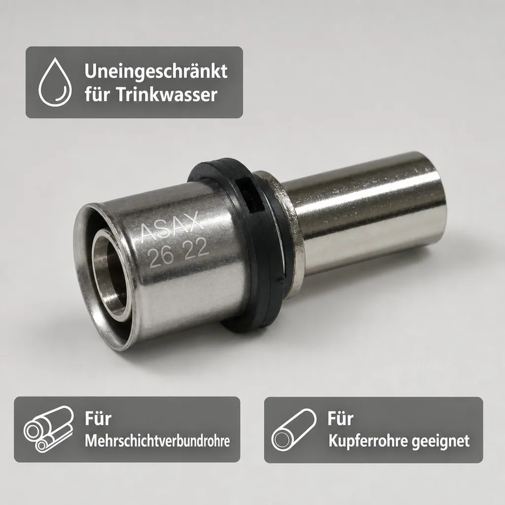Pressfitting Kupferrohr, Rohr-Übergang 26 x 22 mm, vernickelt, DVGW zertifiziert