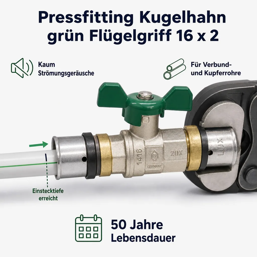 Pressfitting Kugelhahn grün Flügelgriff 16 x 2