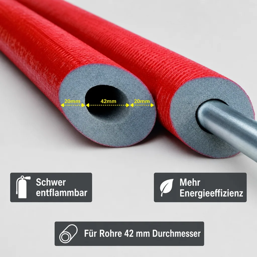 Rohrisolierung 42mm, 2m, Heizungsrohr Isolierung, 20mm Dämmstärke, GEG konform