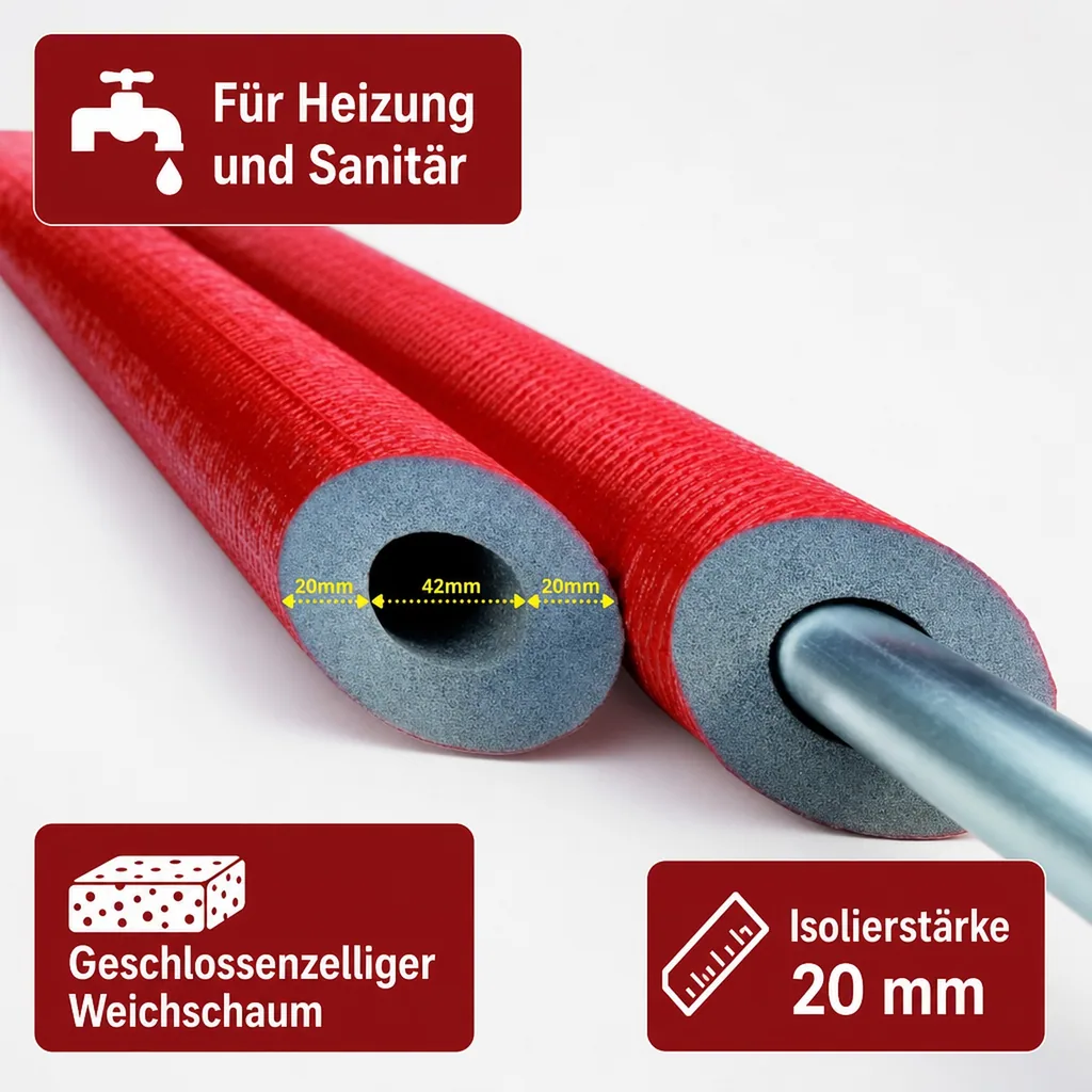 Rohrisolierung 42mm, 2m, Heizungsrohr Isolierung, 20mm Dämmstärke, GEG konform