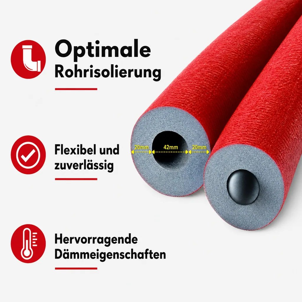 Rohrisolierung 42mm, 2m, Heizungsrohr Isolierung, 20mm Dämmstärke, GEG konform